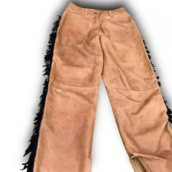 Vintage Western Brown Leather Pants Handmade Black Fringe 6P Straight Leg Chic - Picture 5 of 15